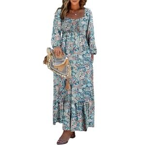 Long-sleeve Floral Boho Square Neck Maxi Dress / Blue, L, Stretchy / NIB